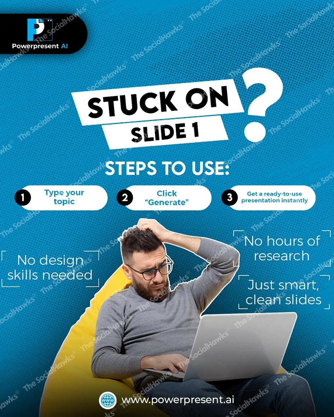 PowerPresent AI stuck on slide 1 ad with frustrated man showing 3 easy steps